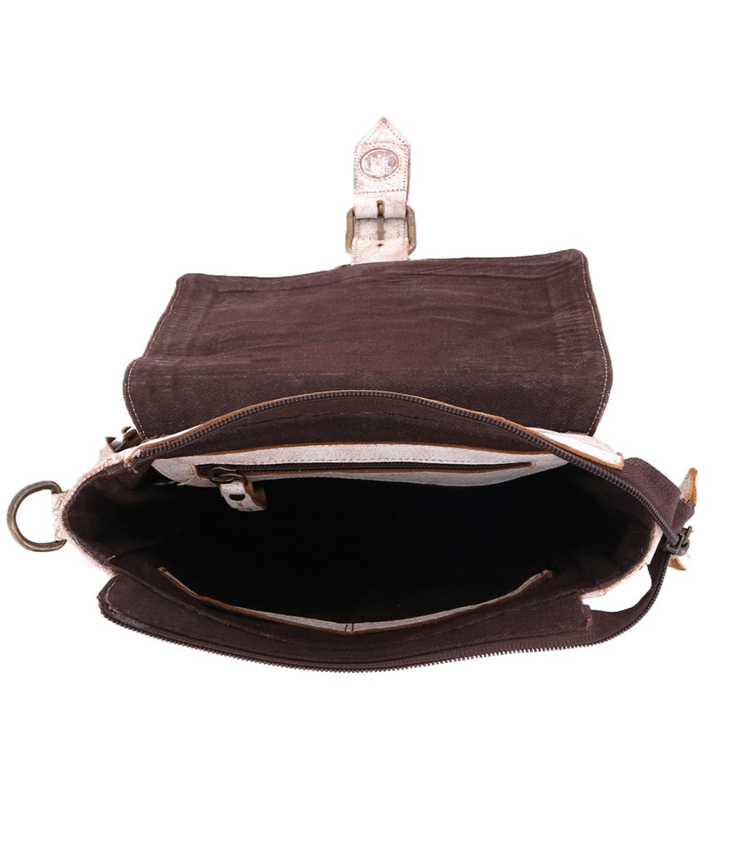 Open Bed Stu Ainhoa LTC brown leather crossbody handbag with a visible zipper and empty interior, isolated on a white background.