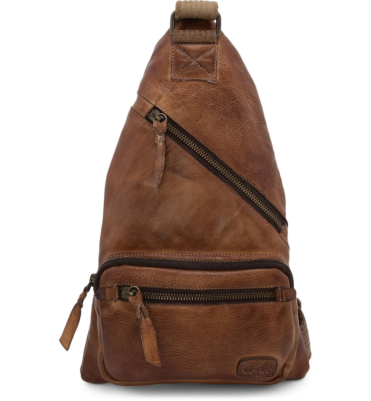 An Andie brown leather sling bag with zippers by Bed Stu.