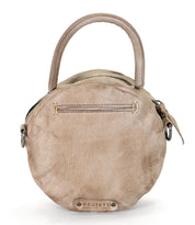 A Bed Stu Arenfield beige leather handbag with a zipper.
