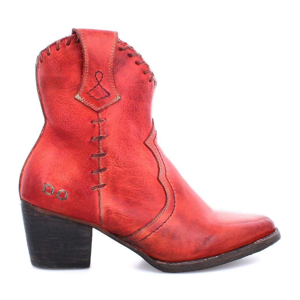 A women's Baila II red cowboy boot with a wooden heel by Bed Stu.