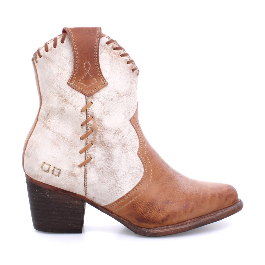A Bed Stu Baila II women's cowboy boot in tan and white.