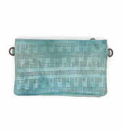 Bed Stu offers a versatile perforated leather clutch bag in a stunning turquoise color.