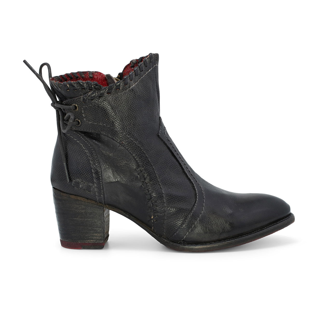 A women's black ankle boot with red detailing, called Bia by Bed Stu.