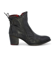 A women's black ankle boot with red detailing, called Bia by Bed Stu.