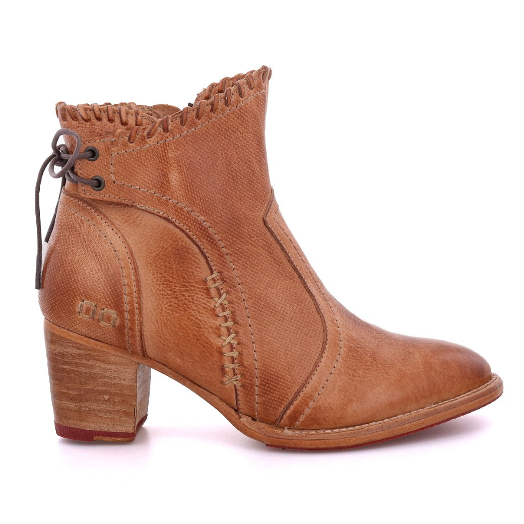 A women's tan ankle boot with lace detailing called Bia by Bed Stu.