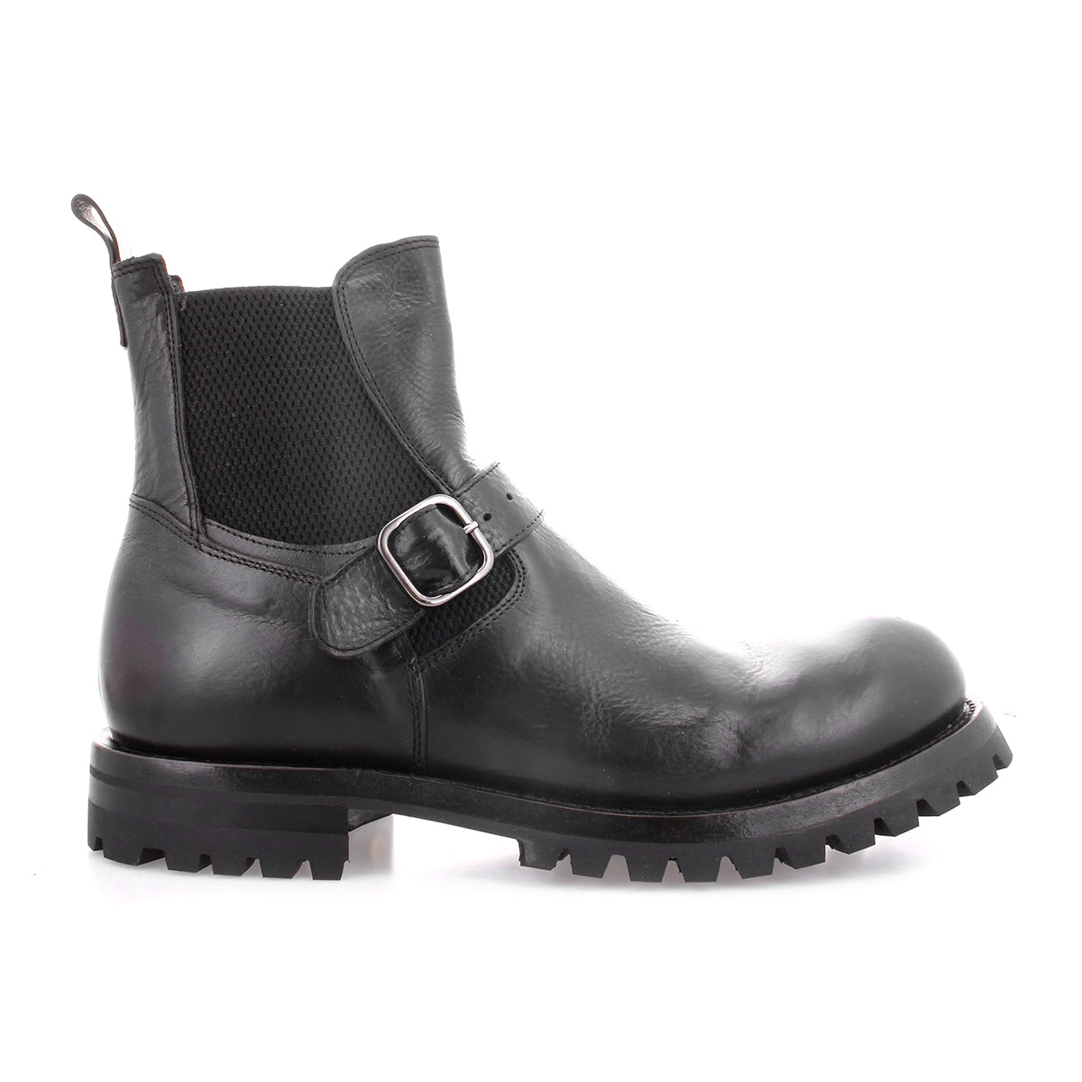 Sleek men's Boast Chelsea boots in black Italian leather with buckles by Bed Stu.