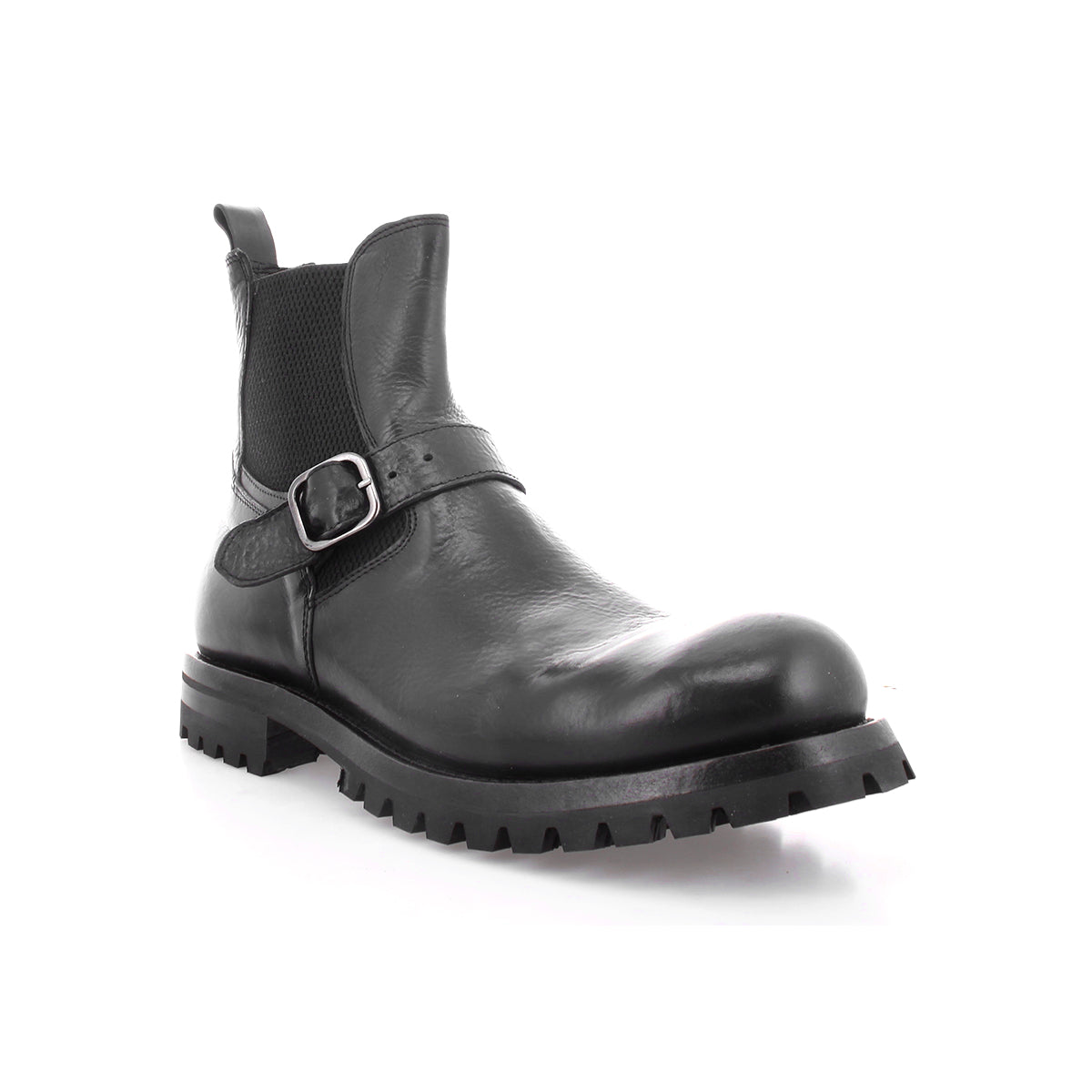 Sleek men's black leather Bed Stu Chelsea boots with buckles, crafted from Italian leather.