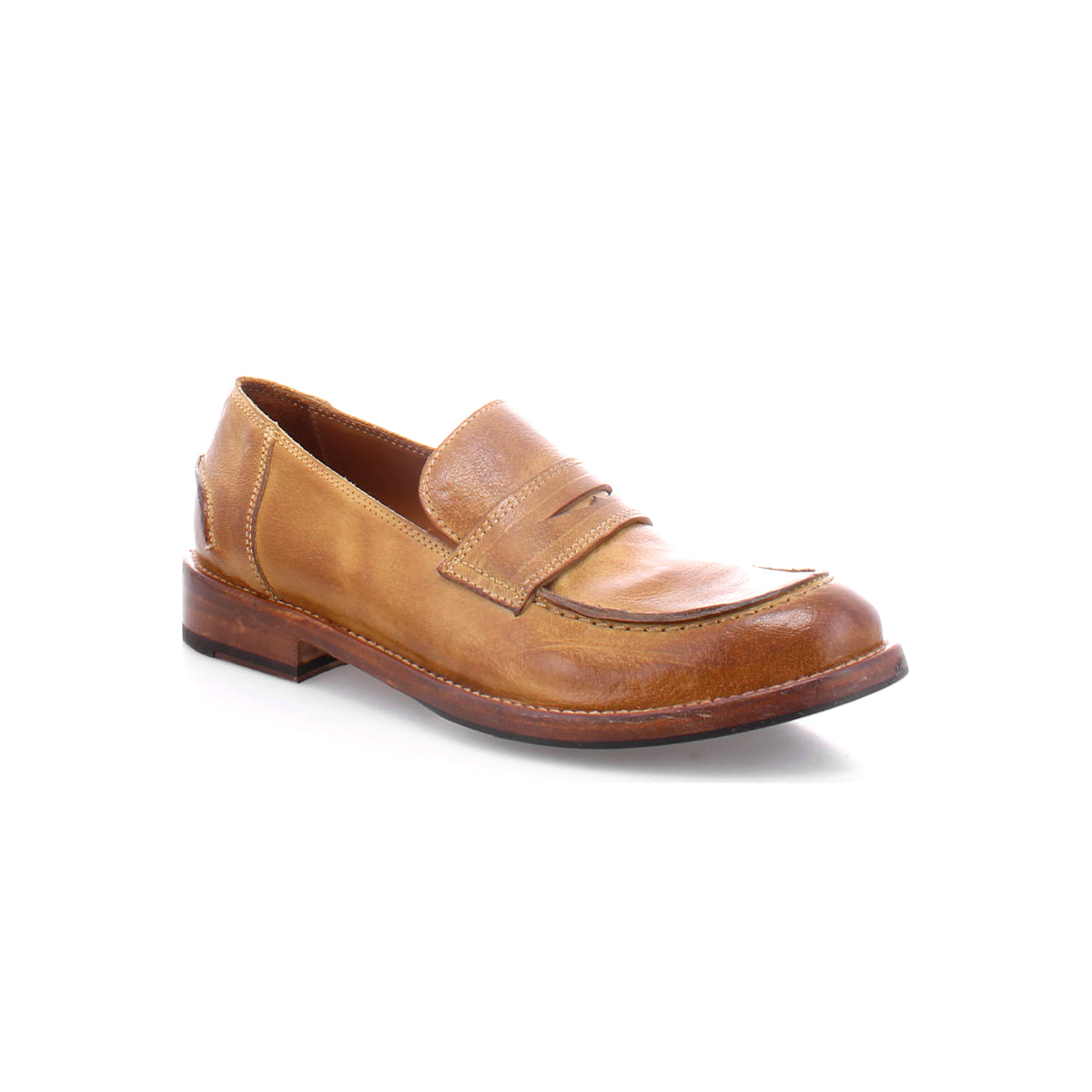 A men's tan penny loafer made with Italian leather called Bonus by Bed Stu.