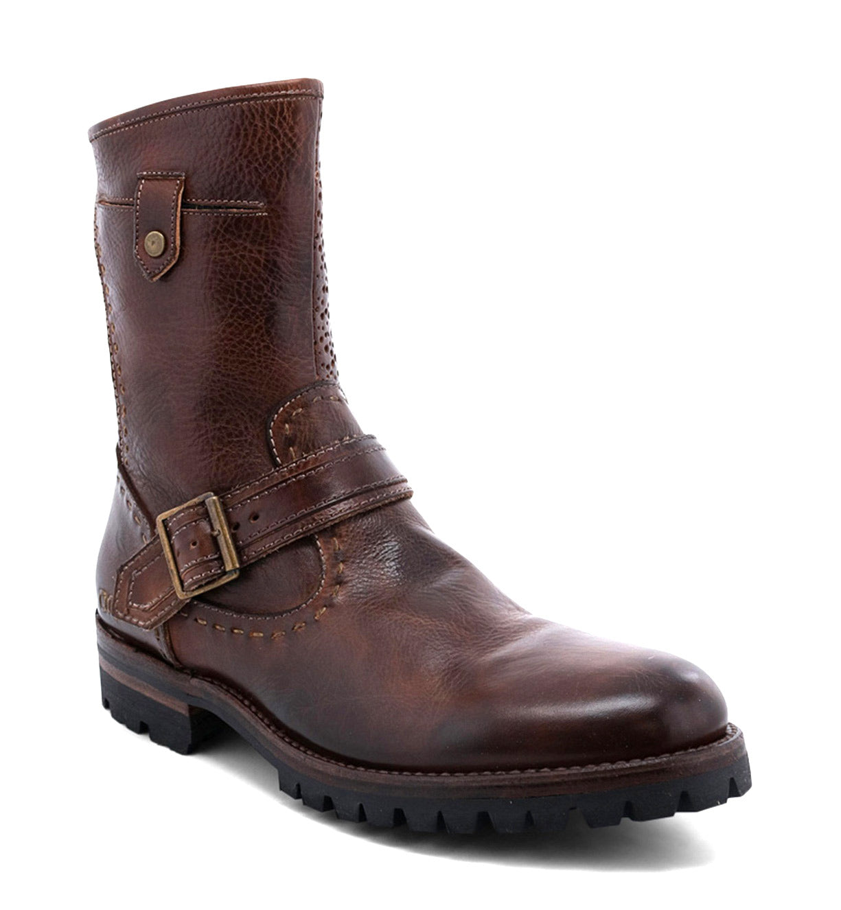 Men's Brando brown leather boots with Bed Stu buckles and buckles.