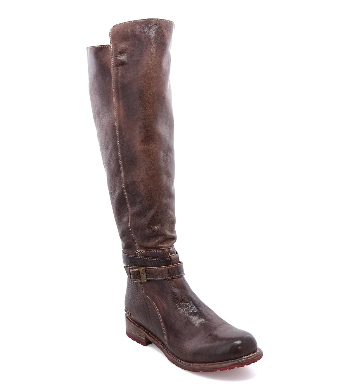 A women's Bed Stu Bristol brown leather boot with buckles.