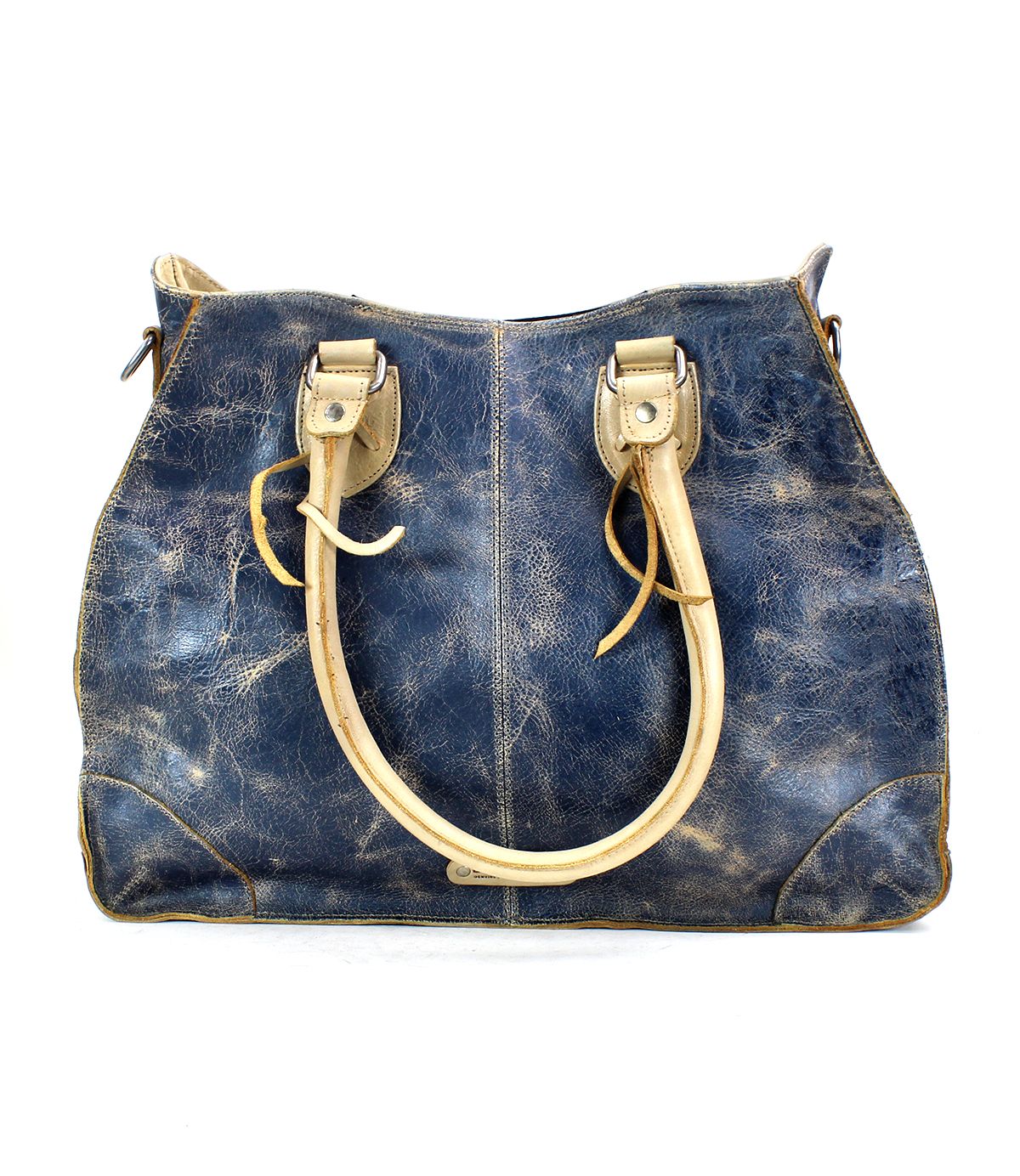 A worn blue leather handbag named Bruna by Bed Stu, featuring light brown handles and decorative stitching that beautifully showcase artisanal craftsmanship through its signs of wear and aging.