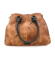 A brown leather handbag with black handles, the Bruna by Bed Stu.