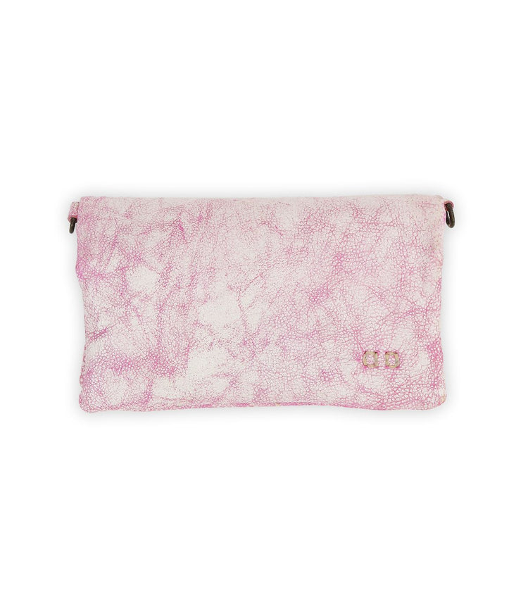 The Bed Stu Cadence is a pink textured clutch with a fold-over flap, small metal emblem, and includes a compact wallet inside for convenience.