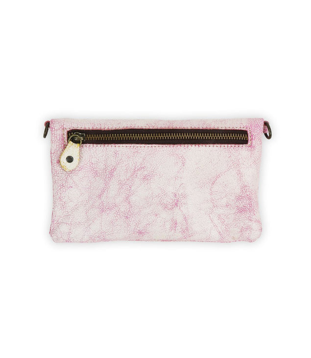 The Cadence by Bed Stu is a rectangular pink and white textured pouch with a brown zipper and round white pull, easily converting into a stylish wallet or crossbody to suit your style.