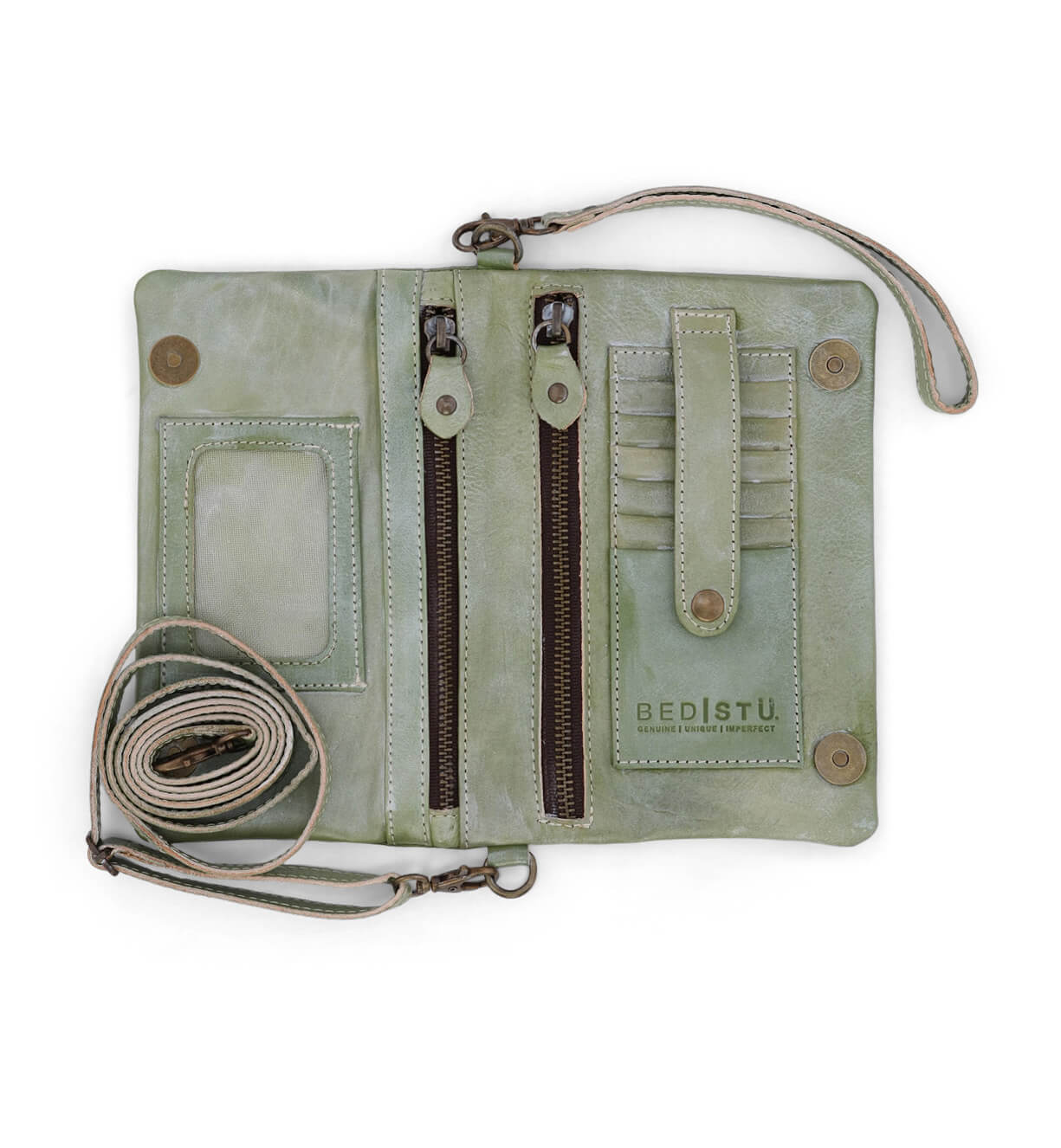 A Cadence wallet from the brand Bed Stu, made of green leather and with a strap.