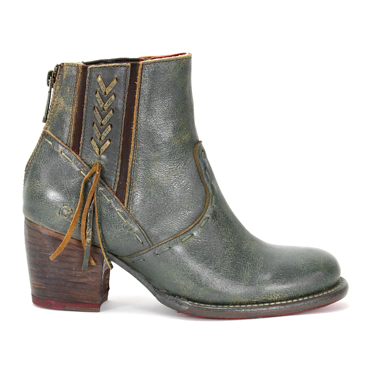 A women's Celestine green leather ankle boot with tassels by Bed Stu.