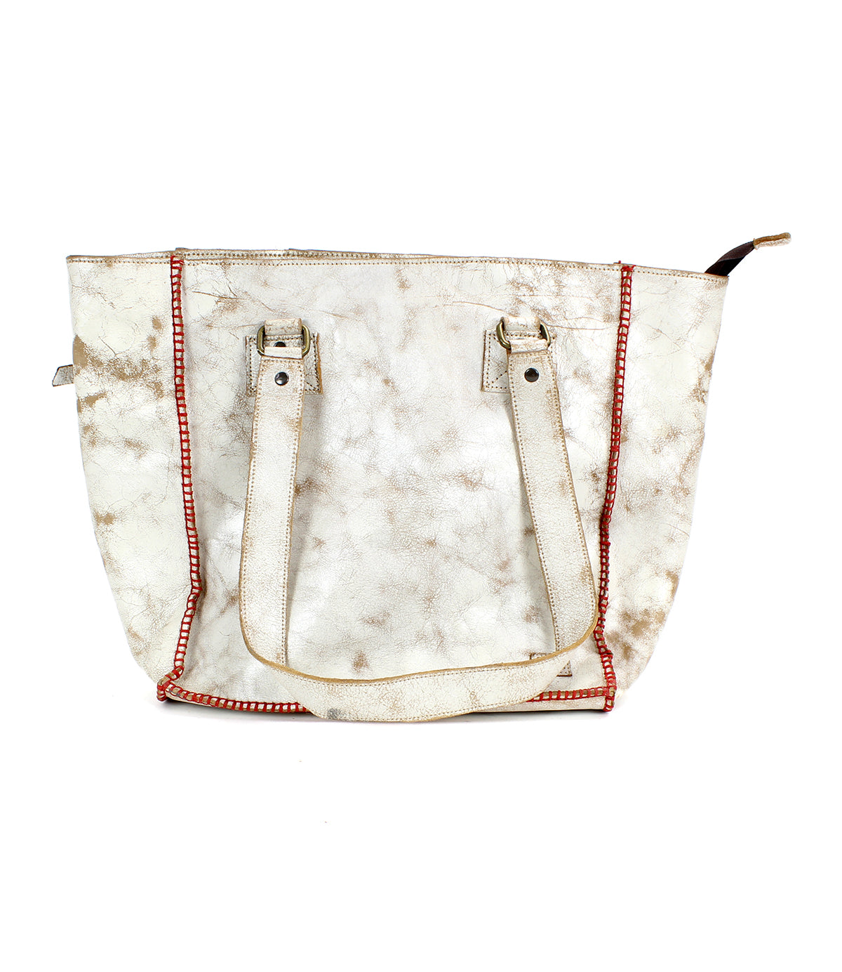 The Bed Stu Celindra LTC white marbled tote bag features red stitched edges, two shoulder straps, and a zip-top closure to secure your essentials. Spacious enough for all your daily needs, this elegant tote combines style and functionality effortlessly.
