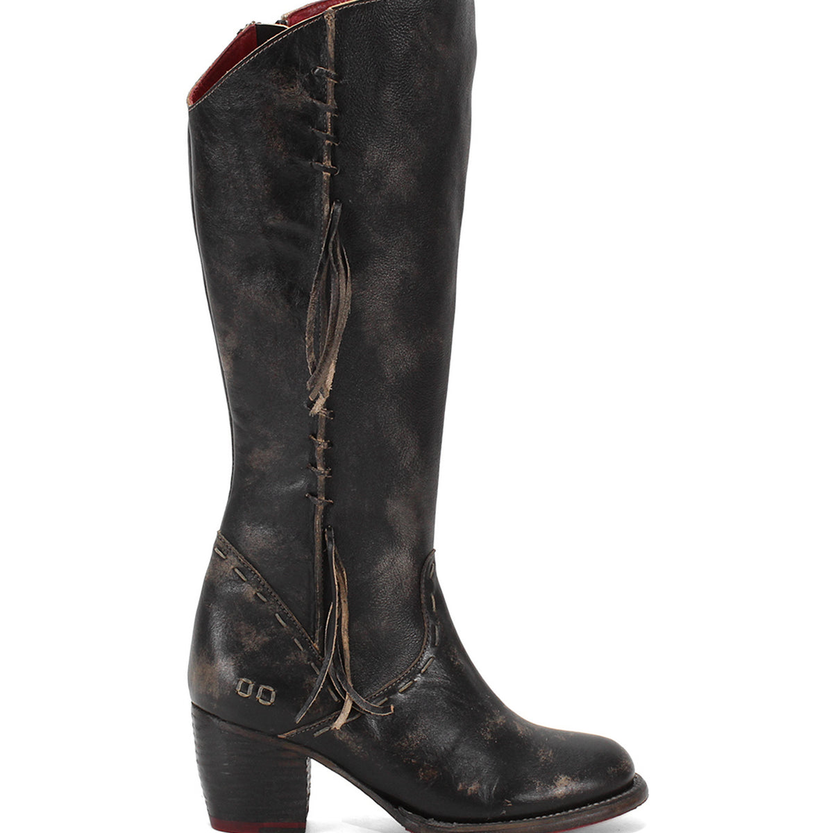 A women's distressed black tall Charis boot with a red sole from Bed Stu.