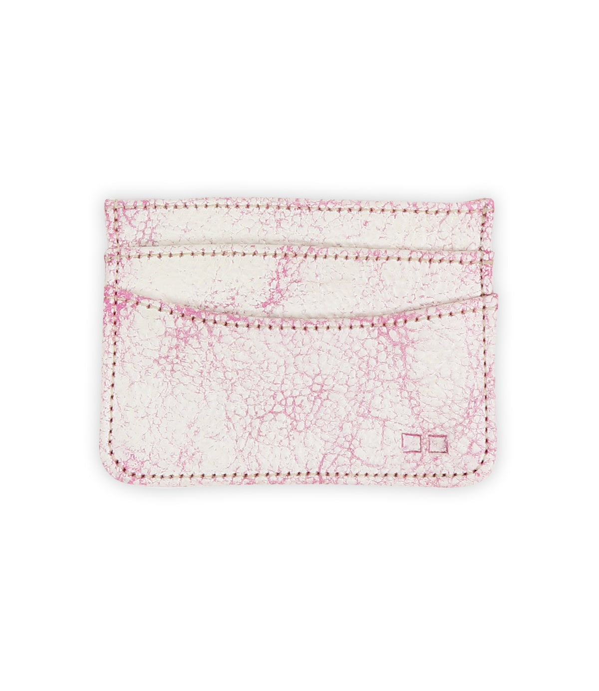 The Chuck by Bed Stu is a compact white cardholder with pink stitching and a cracked texture, featuring multiple slots for convenient card storage.