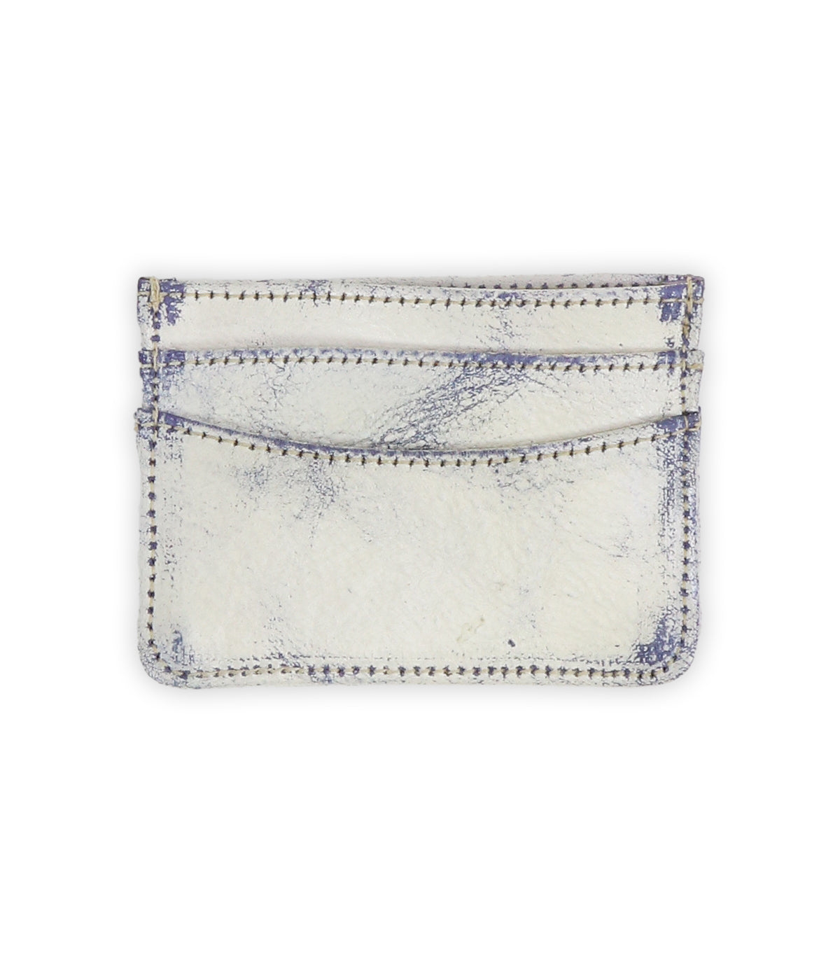 The Chuck by Bed Stu is a compact white wallet with blue distressed accents, visible stitching, and two convenient card slots.
