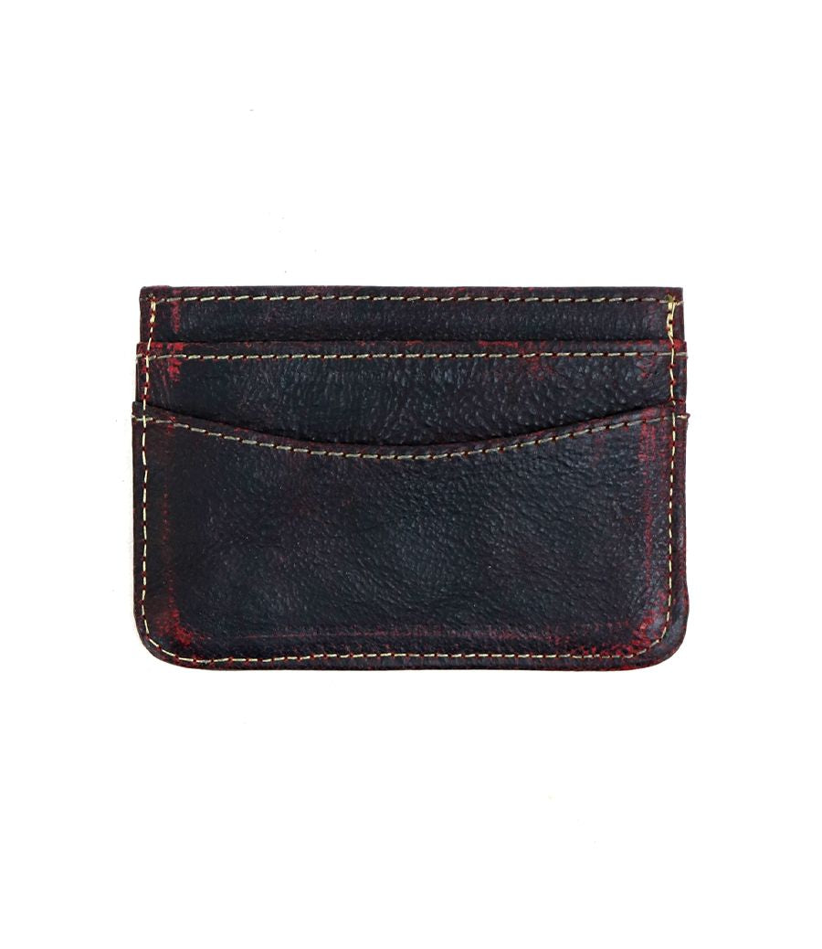 The Chuck by Bed Stu is a compact black leather card wallet with a textured surface and visible stitching, featuring two convenient slots for holding cards.