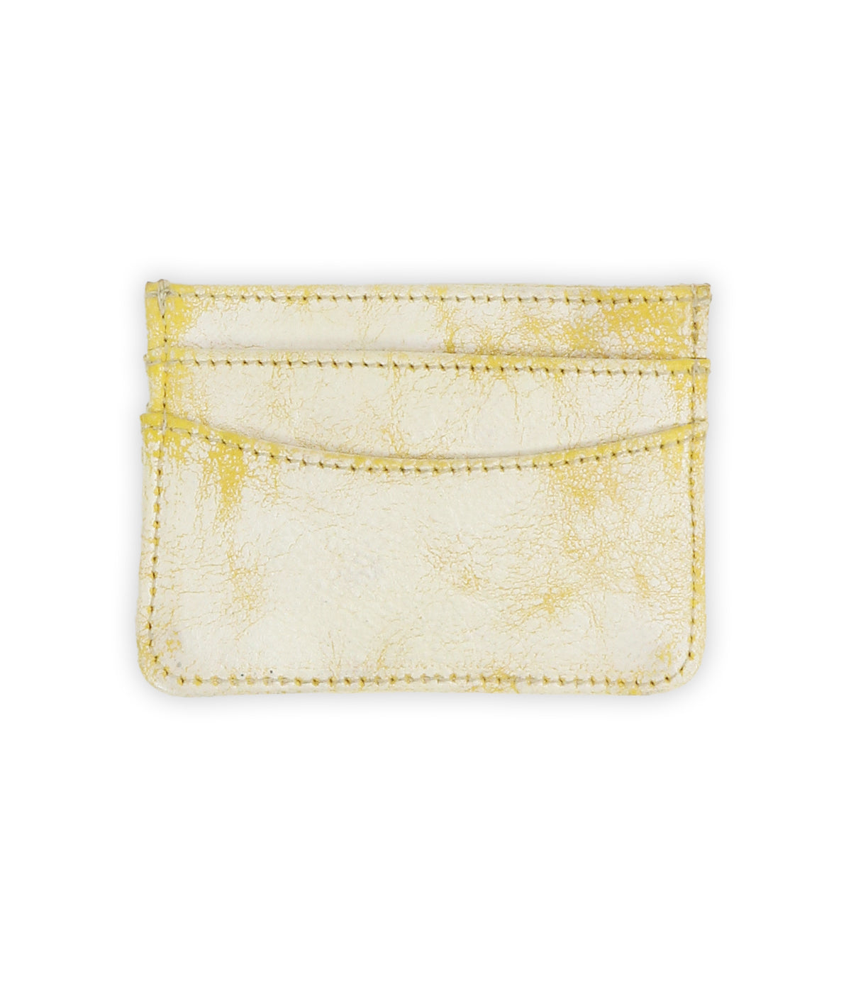 Bed Stu's Chuck cardholder, made of yellow marbled leather with visible stitching, is compact and convenient. It features two card slots and is shown against a white background.