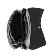A black and silver Cleo purse by Bed Stu with a zippered compartment.