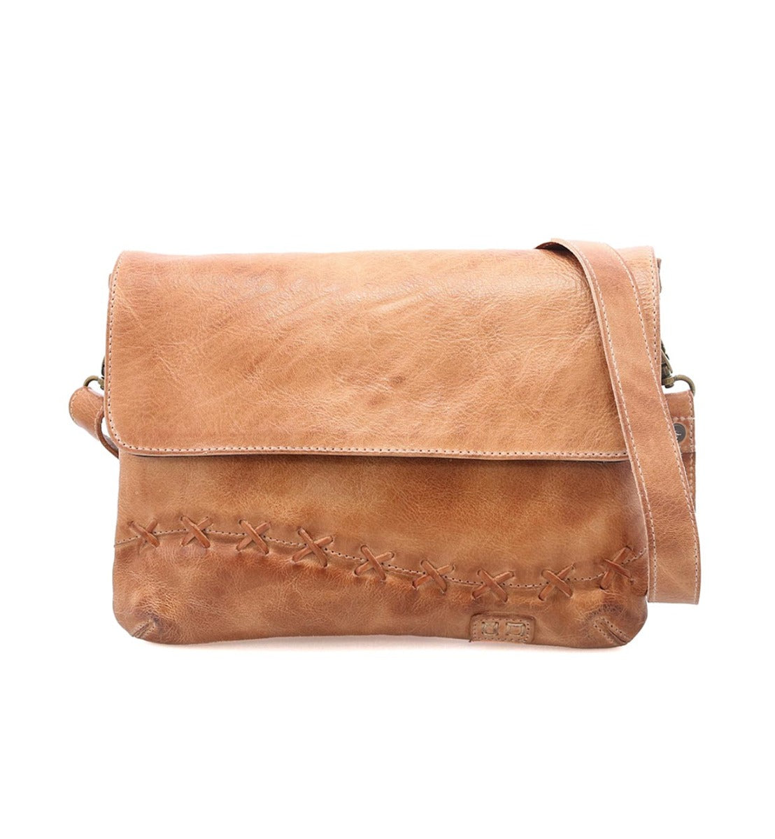 A tan Cleo leather crossbody bag from Bed Stu with an adjustable strap.