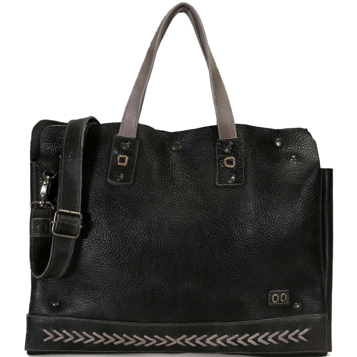 Black leather Commuter tote bag by Bed Stu with shoulder strap, decorative embossing, and laptop storage.