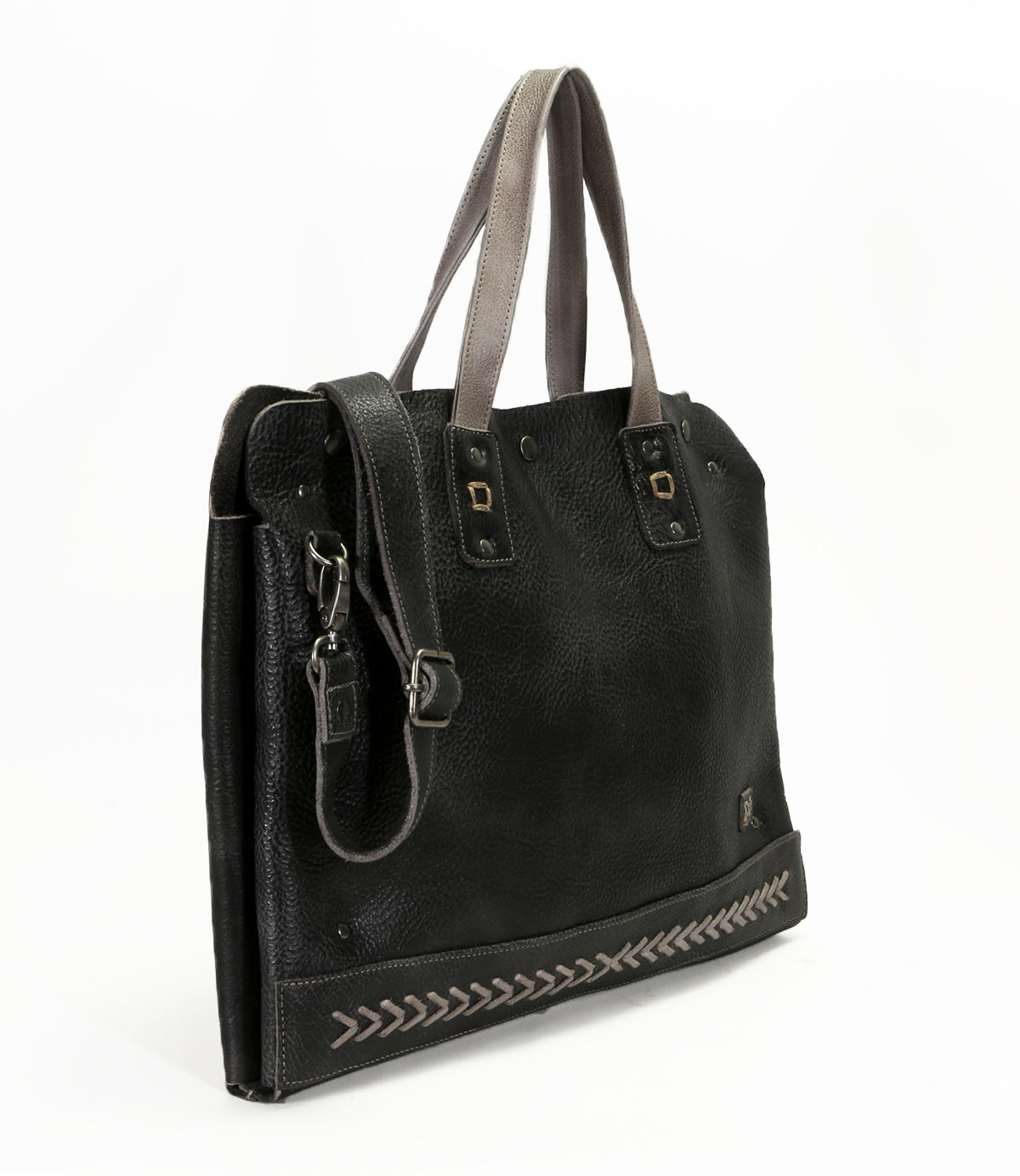 A Bed Stu Commuter, a multifunctional commuter accessory, presenting a sleek black leather bag designed to accommodate laptops up to 15 inches.