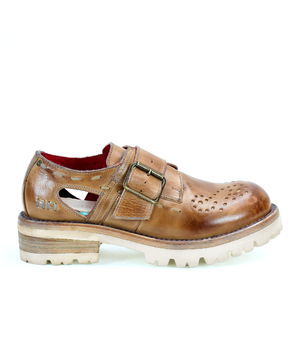 A men's brown leather shoe with buckles and perforated detail by Bed Stu Dagny.