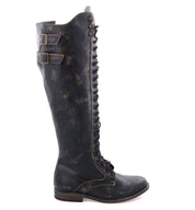 A women's black leather Della boot with buckles and laces from the brand Bed Stu.