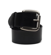 A black leather Drifter belt on a white background, by Bed Stu.