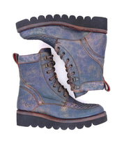 A pair of Bed Stu Elisha II blue leather boots on a white background.