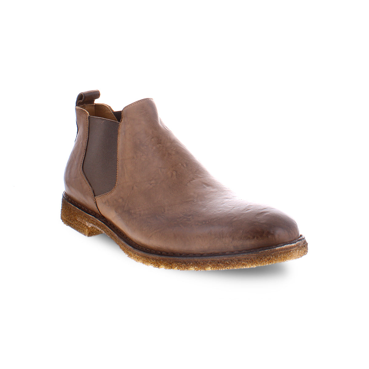 The Elude boot by Bed Stu, a men's leather Chelsea boot in brown featuring elastic side panels and a light brown rubber sole, is handcrafted in Italy and displayed against a white background.