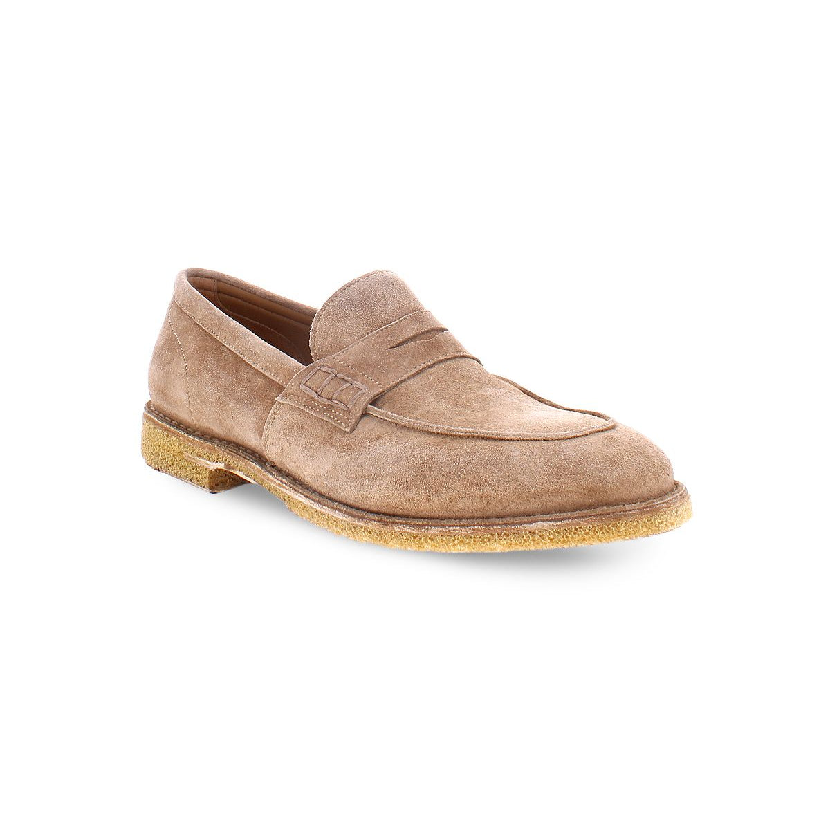 The Bed Stu Envoy is a single tan suede loafer with a penny slot and a beige rubber sole, exuding timeless sophistication.