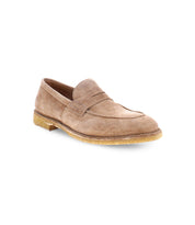 The Bed Stu Envoy is a single tan suede loafer with a penny slot and a beige rubber sole, exuding timeless sophistication.