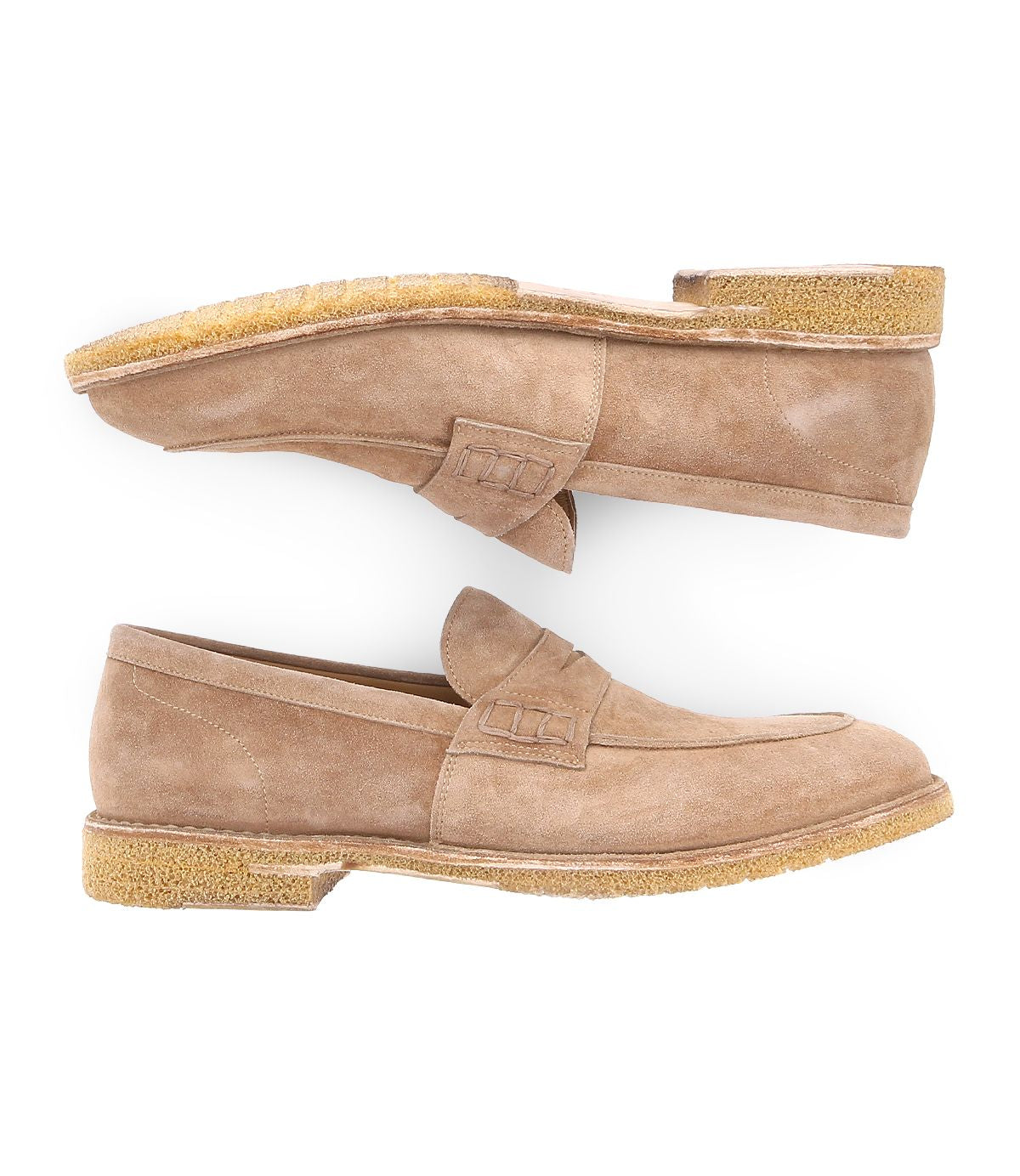 A pair of Envoy loafers in tan suede by Bed Stu, featuring rubber soles and viewed from the side, are elegantly positioned one above the other against a white background, exuding timeless sophistication.