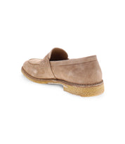 Side view of a single tan suede Bed Stu Envoy loafer with a textured sole, exuding timeless sophistication and positioned on a white background.