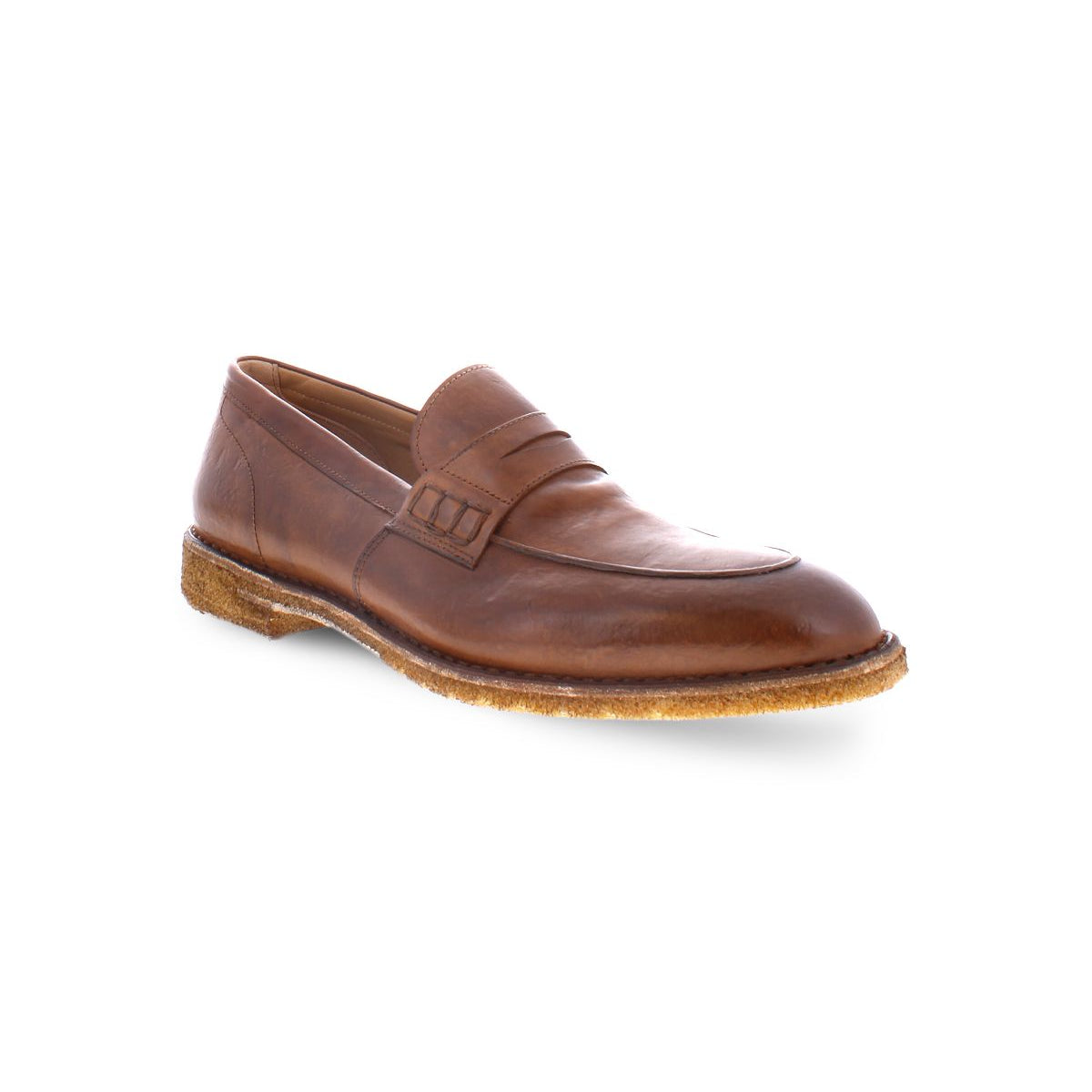 A single brown leather loafer with stitching details and a textured rubber sole, viewed from the front left side. Crafted with Italian elegance by Bed Stu, it features premium leather that exudes sophistication and timeless style under the name Envoy.