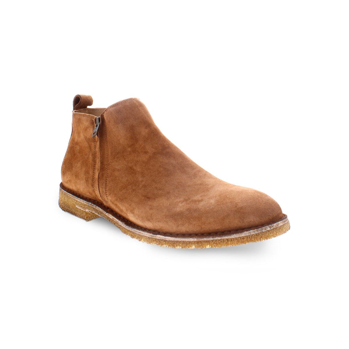The Evade by Bed Stu, a brown suede ankle boot handcrafted in Italy with dual zippers and a rugged sole, is displayed from an angled side perspective against a white background.