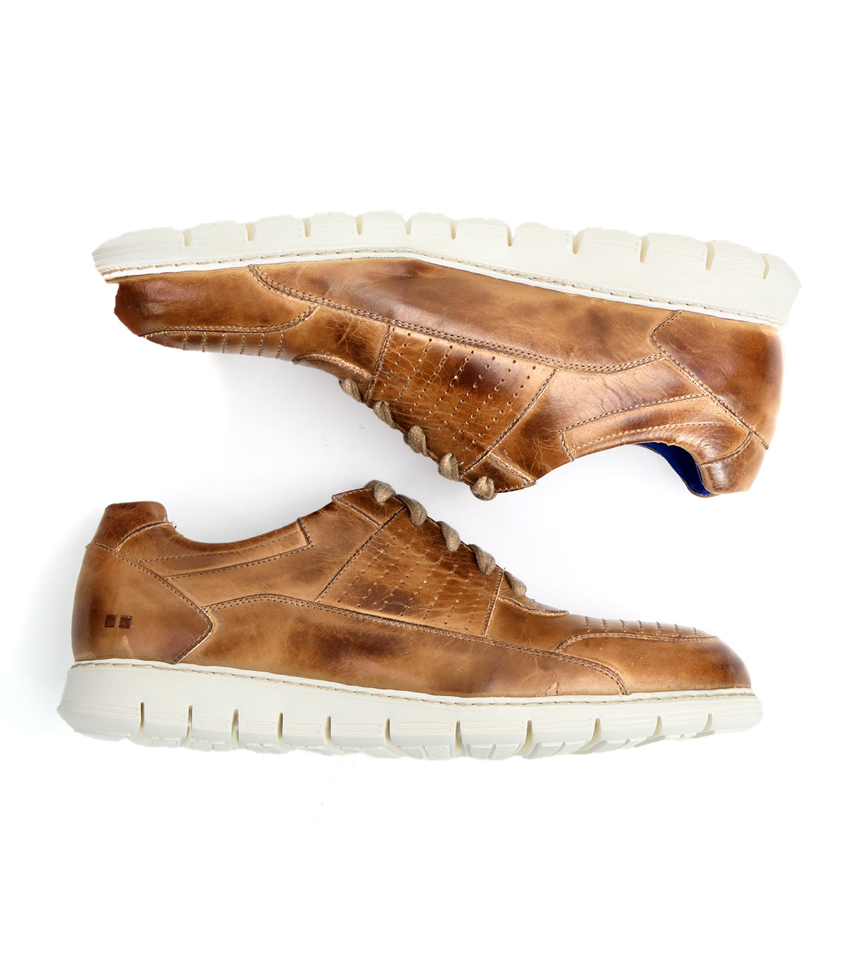A pair of Bed Stu men's Fairman brown leather shoes with detailed stitching on a white background.