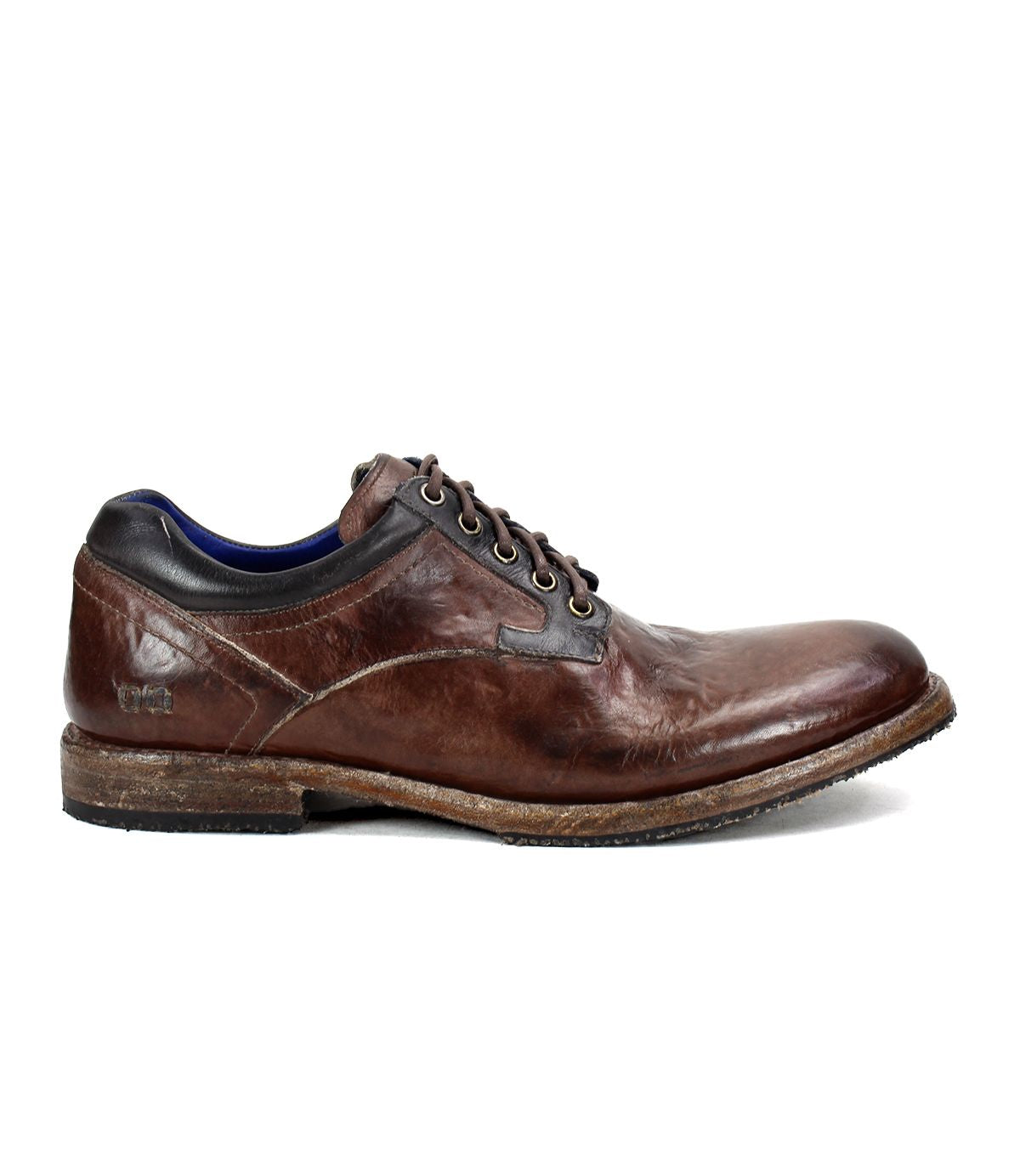 The Fierce by Bed Stu is a men's derby shoe featuring brown leather with a worn texture, lace-up closure, and a wooden sole, seamlessly blending classic design with modern flair.