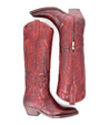A pair of red leather Finito cowboy boots with a distressed finish, set against a white background, by Bed Stu.