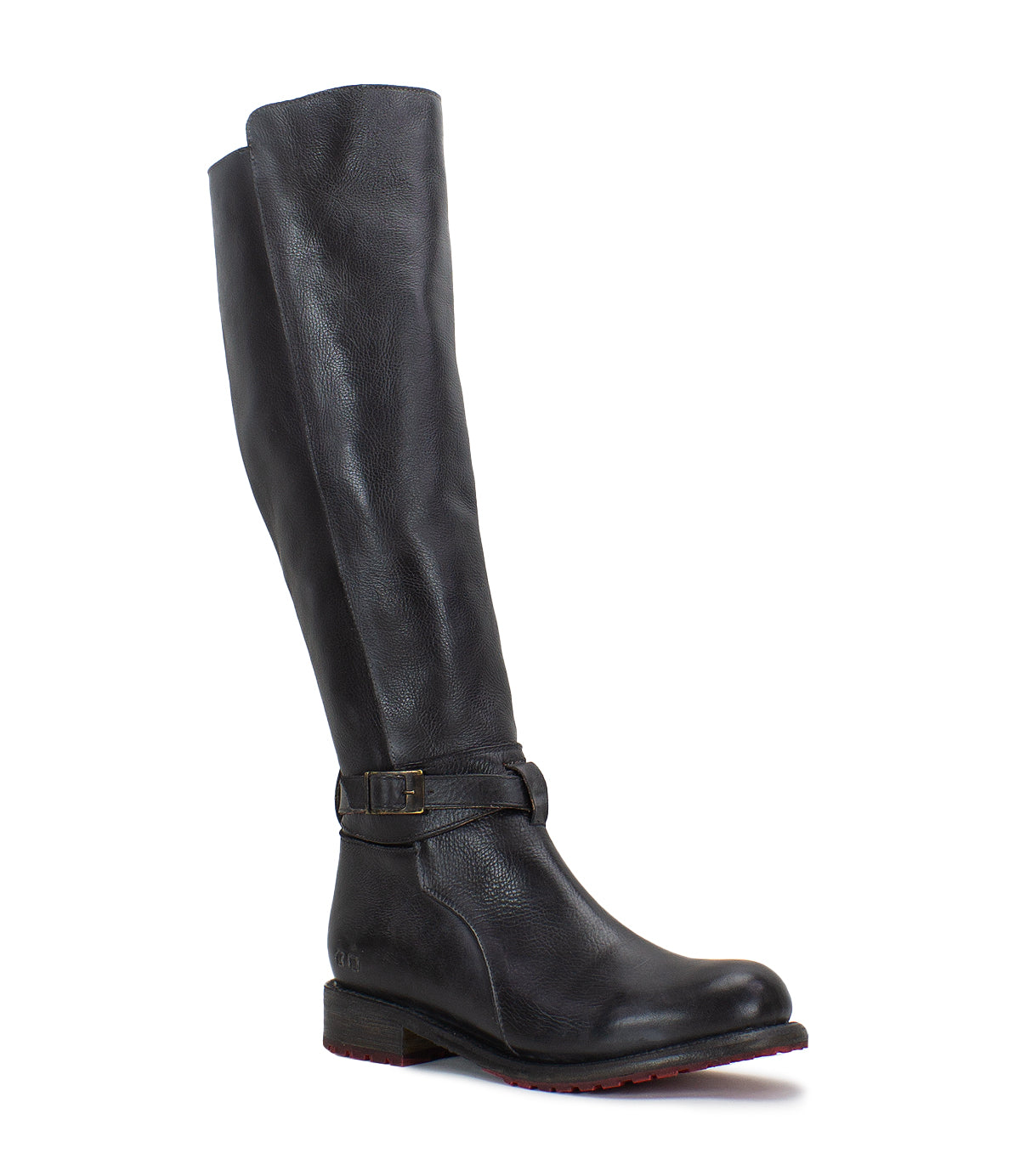 A women's Bristol black leather boot with a buckle on the side, made by Bed Stu.