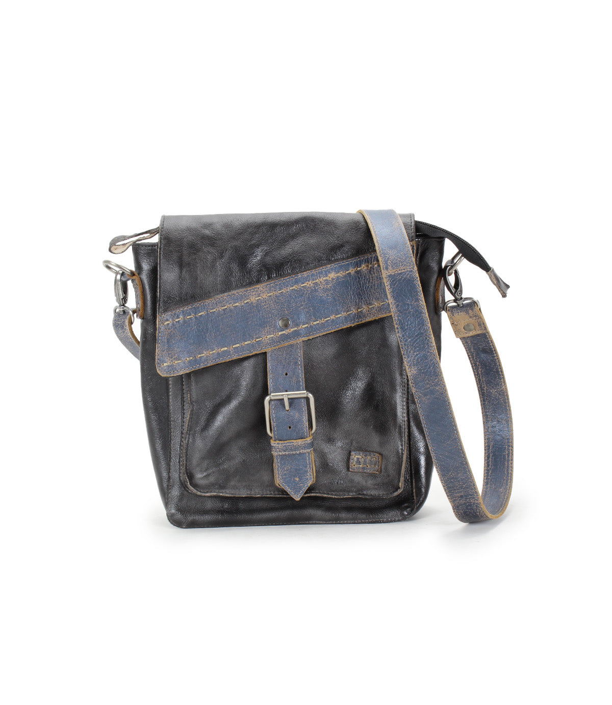 A Bed Stu Ainhoa LTC leather messenger bag with an adjustable blue denim strap and buckle closure, isolated on a white background.