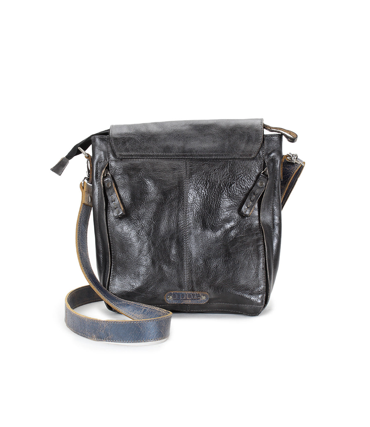 Ainhoa LTC black leather crossbody handbag by Bed Stu with an adjustable strap and front flap, featuring a secret pocket, isolated on a white background.