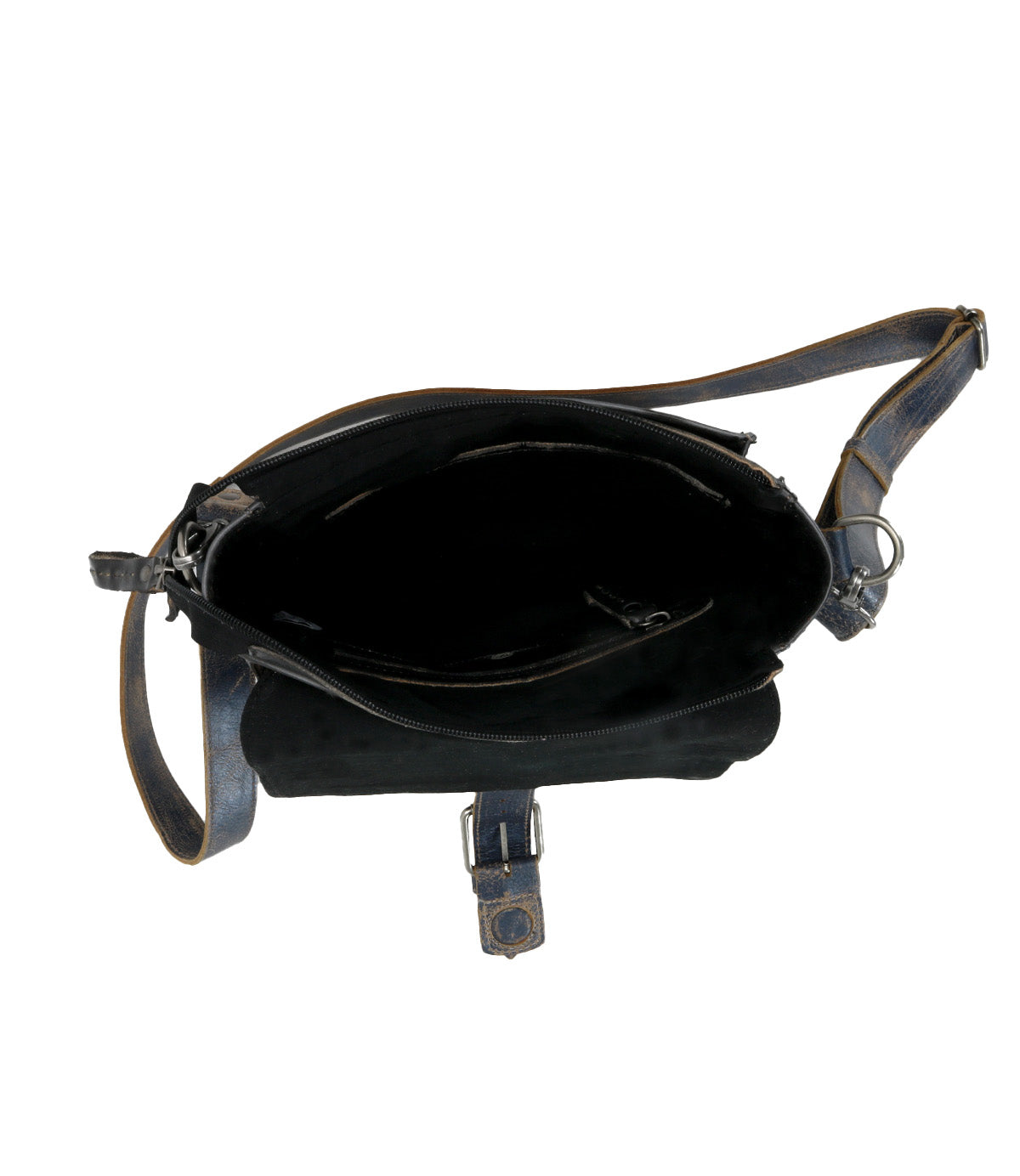 Open Bed Stu black leather crossbody handbag isolated on white background, showing empty interior and adjustable strap.