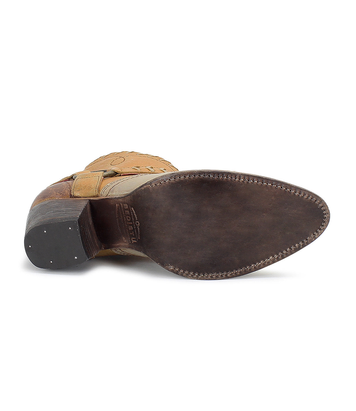 A pair of brown Tania cowboy boots with tan soles from Bed Stu.
