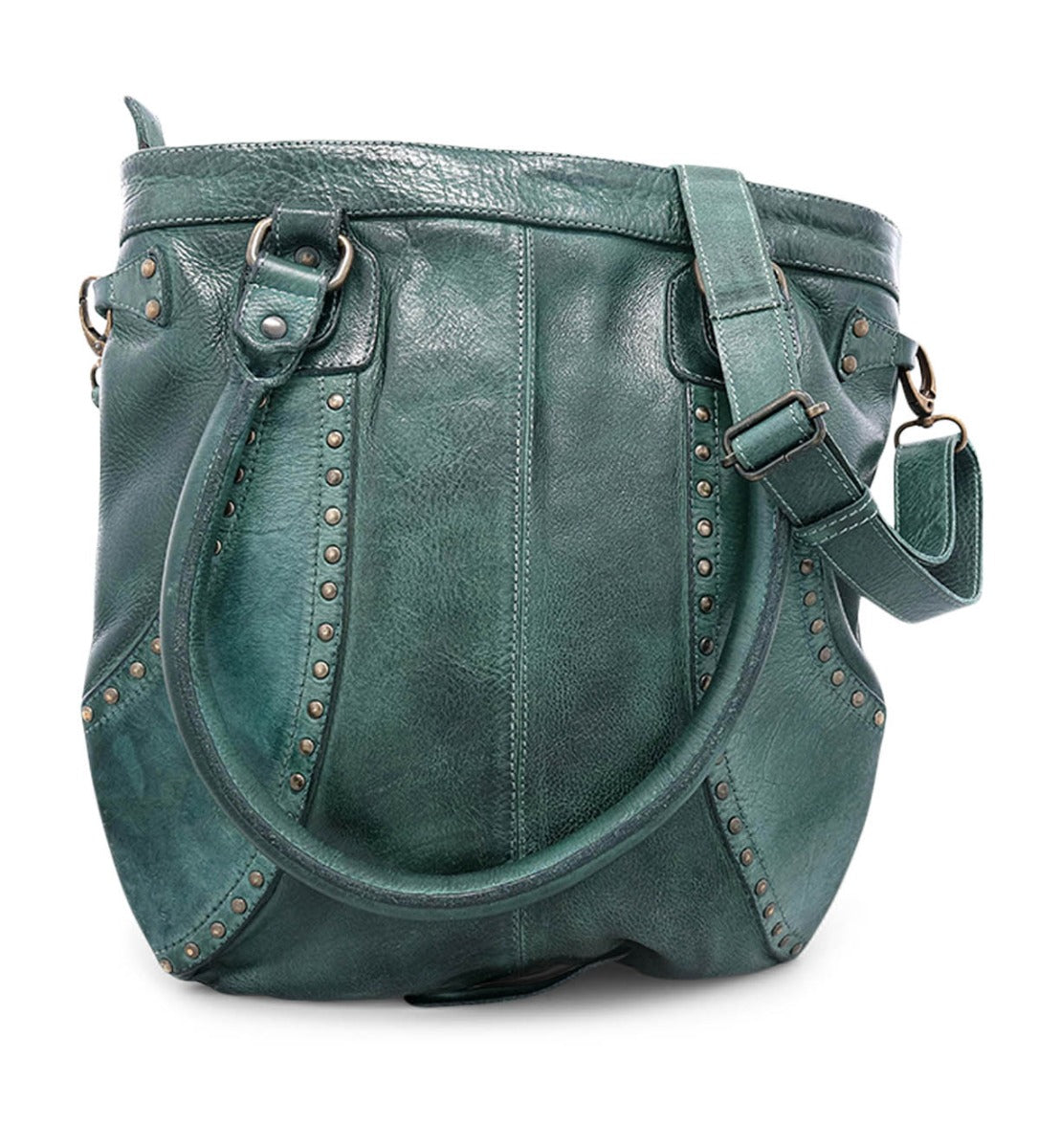 A green Gala bag with studding and handles by Bed Stu.
